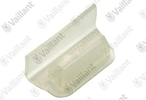 Transparente Halterung von Vaillant mit einer flachen und einer erhöhten Fläche, geeignet für Montage- oder Haltezwecke in Heizungsanlagen.